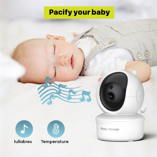 A sleeping baby with a striped vest is monitored by a white baby monitor camera. Musical notes and icons below suggest lullabies and temperature sensing features. Text reads "Pacify your baby".
