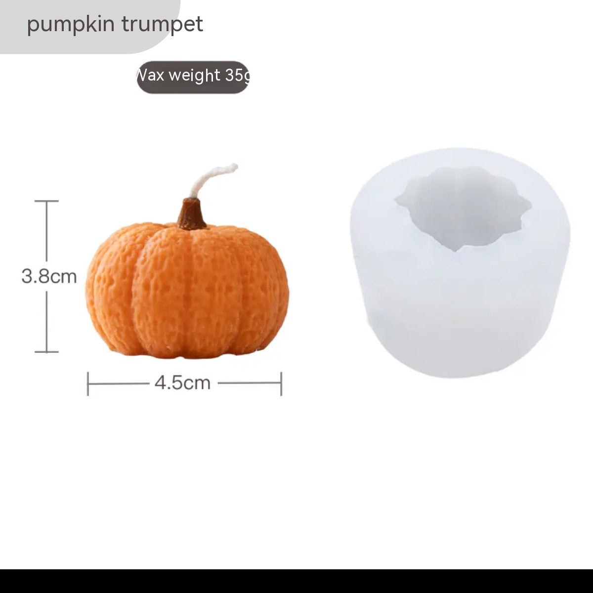 Orange pumpkin-shaped candle, 3.8cm by 4.5cm, with a wick on top. Includes a white mold for crafting. Label indicates wax weight is 35g.