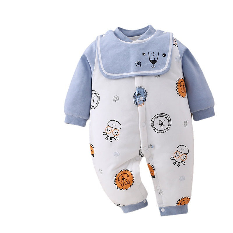 Blue baby romper with animal prints, featuring a lion, monkey, and bear. The romper has a bib-style collar with a bear face and snaps down the front for easy dressing.