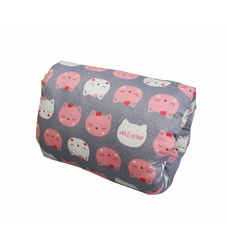 Gray pouch with pink and white cartoon cat face patterns, some with red bows, crowns, and the word "Meow" in pink.
