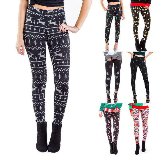 A collection of festive leggings with various holiday patterns, including reindeer, snowflakes, candy canes, and Christmas trees in diverse colors and designs.