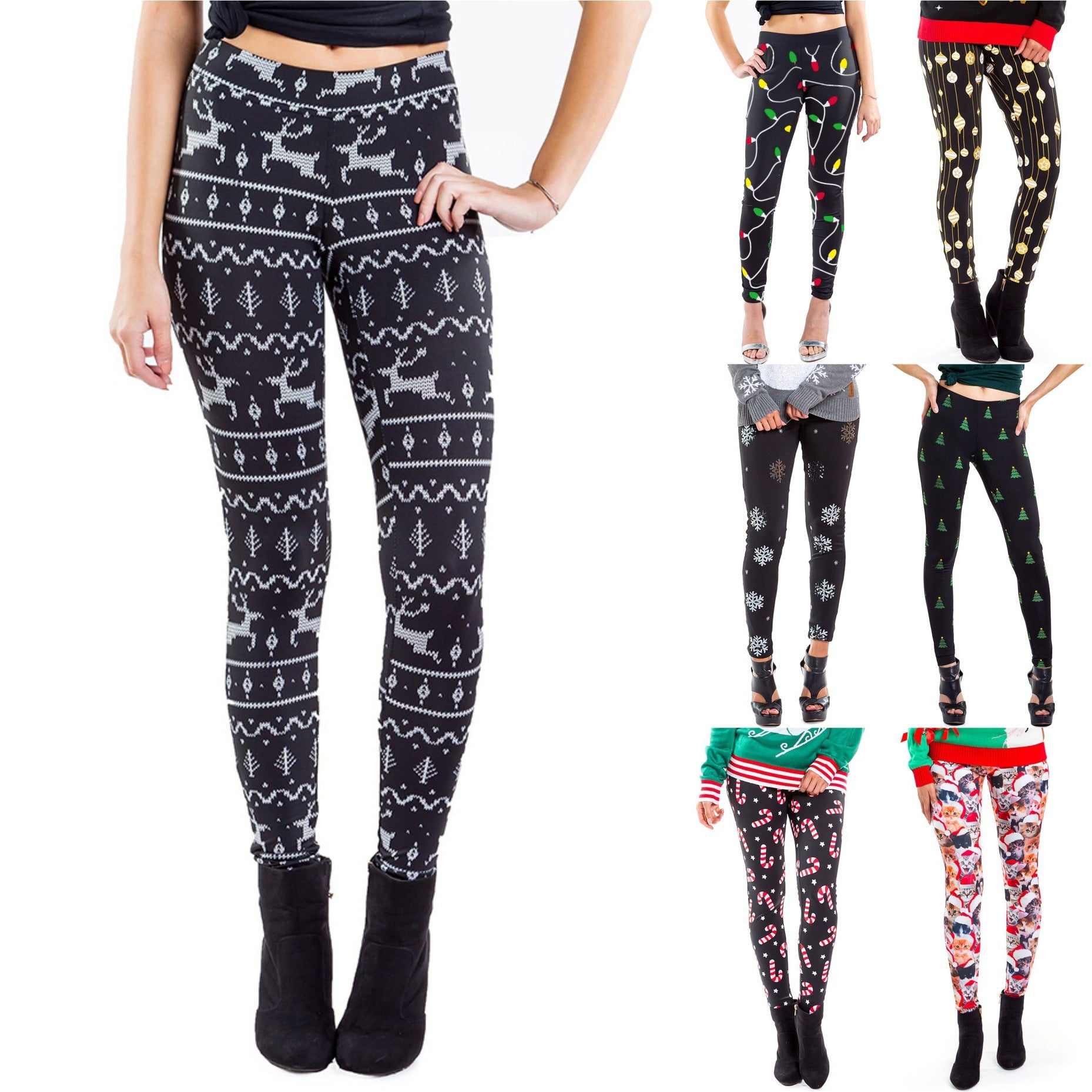 A collection of festive leggings featuring various holiday patterns: reindeer, Christmas lights, polka dots, snowflakes, trees, candy canes, and a Santa collage.