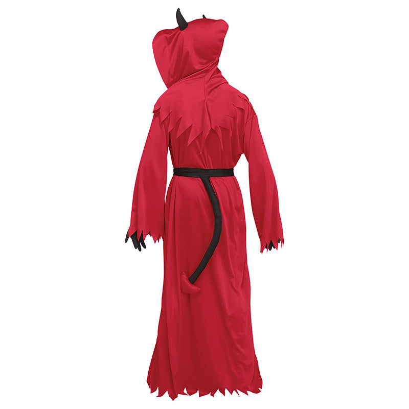 Rear view of a red devil costume with jagged edges, black belt, and attached tail. The hood features small black horns. Suitable for Halloween or themed events.