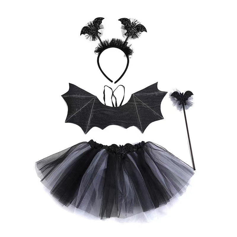 Black bat-themed costume set with headband featuring bat wings, detachable winged top, fluffy black and gray tutu, and a wand topped with a bat-shaped accessory.