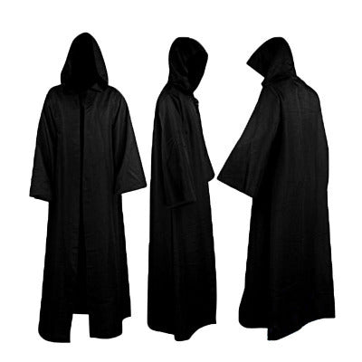 Three views of a long, black hooded cloak: front, side, and back. The cloak has wide sleeves and a deep hood, providing full coverage. Suitable for costumes or themed events.
