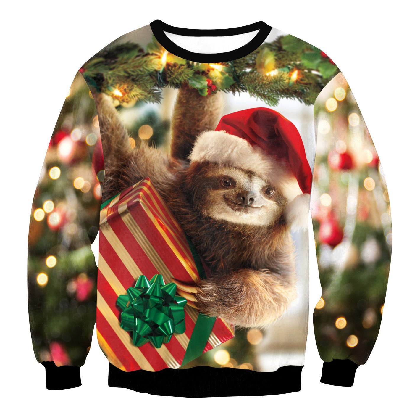 A festive sweater featuring a sloth wearing a Santa hat, perched in a Christmas tree, holding a striped gift with a green bow amidst blurred holiday lights.