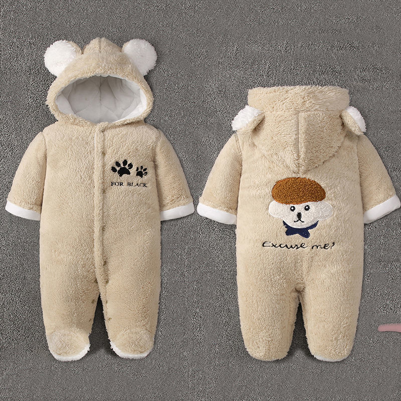 Two views of a beige, fuzzy baby romper with hoodie ears. Front shows paw print and "For Bear" text. Back features a bear face and the words "Excuse me!" on gray background.