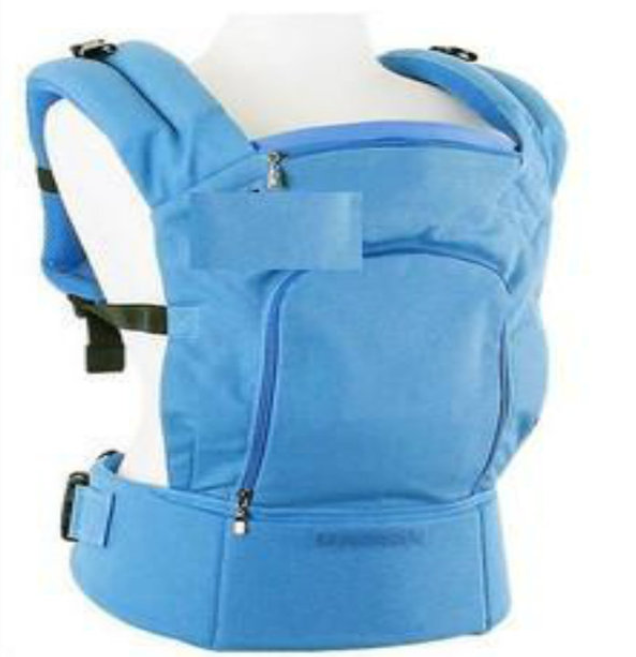 Blue baby carrier with adjustable straps and multiple zippered pockets, designed for ergonomic comfort and support.
