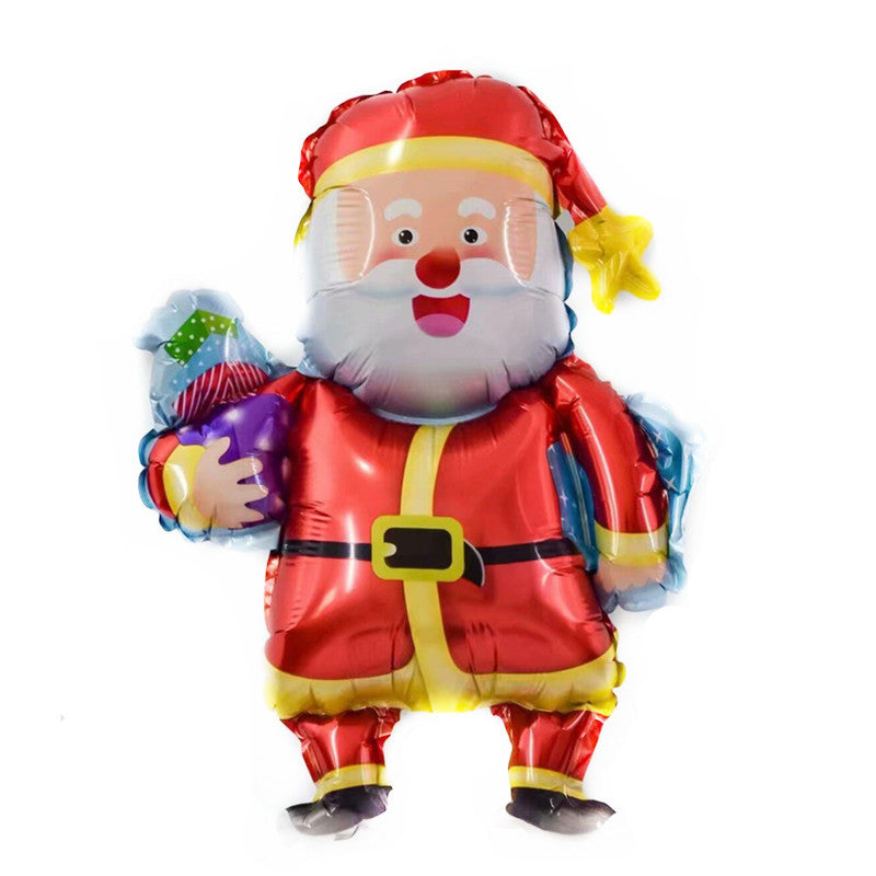 A festive Santa Claus balloon in a red suit with a black belt and yellow trim, holding a colorful gift sack. The cartoonish design features a jolly expression and bright colors.