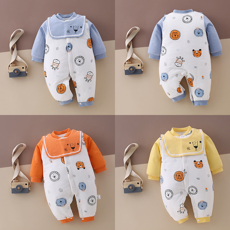 Four baby onesies in blue, orange, and yellow with playful animal prints. Each outfit is paired with a small toy camera. The background has a beige and brown split.