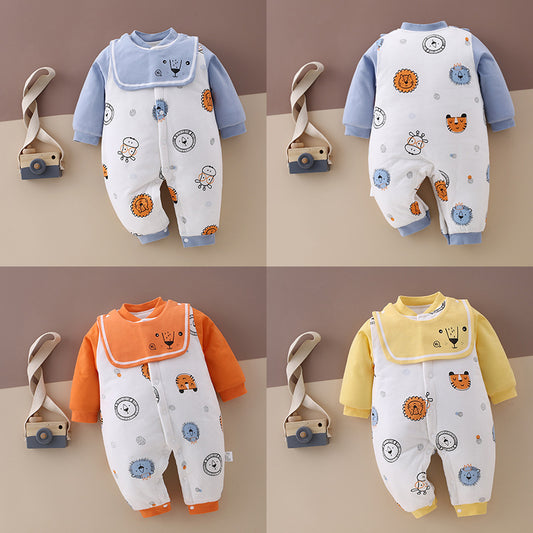Four baby onesies in blue, orange, and yellow with playful animal prints. Each outfit is paired with a small toy camera. The background has a beige and brown split.