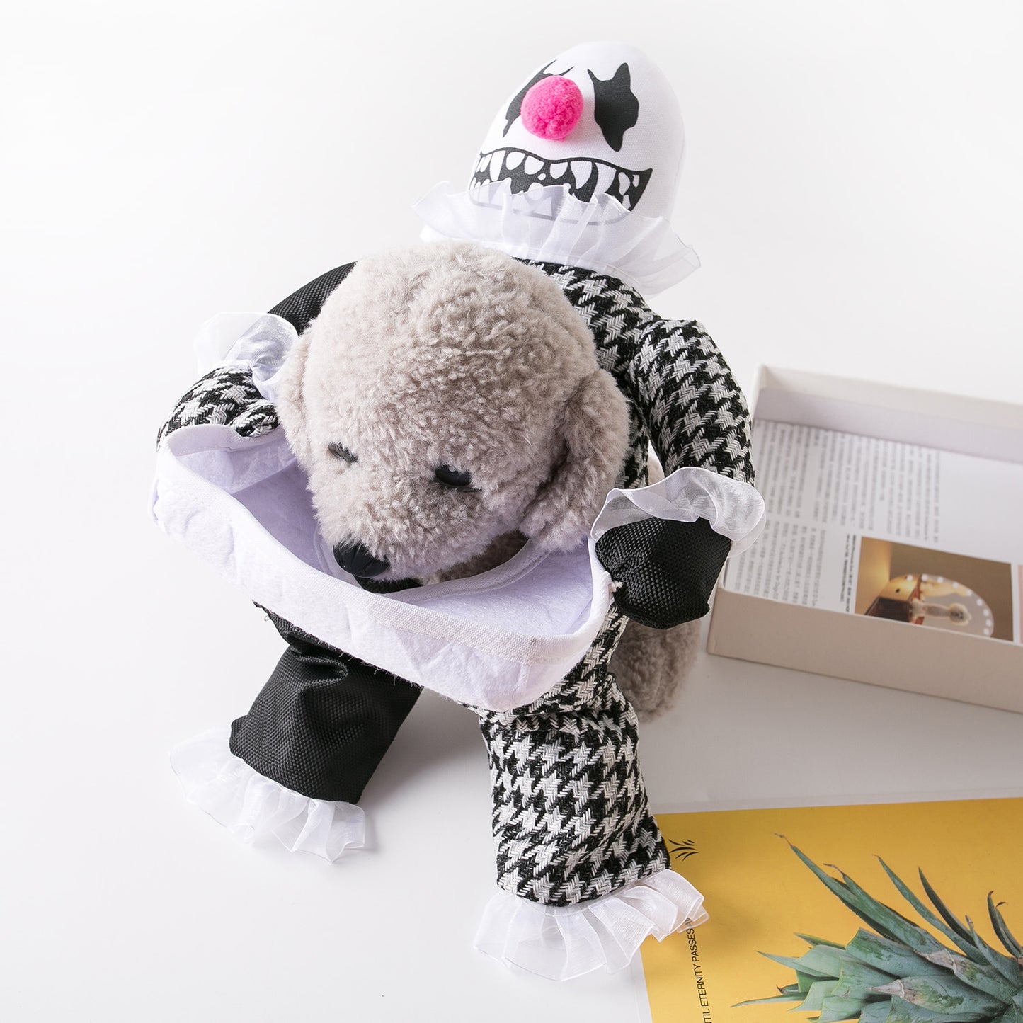 A small dog wearing a houndstooth clown costume with a funny face hood, sitting atop a table next to an open book and magazines.