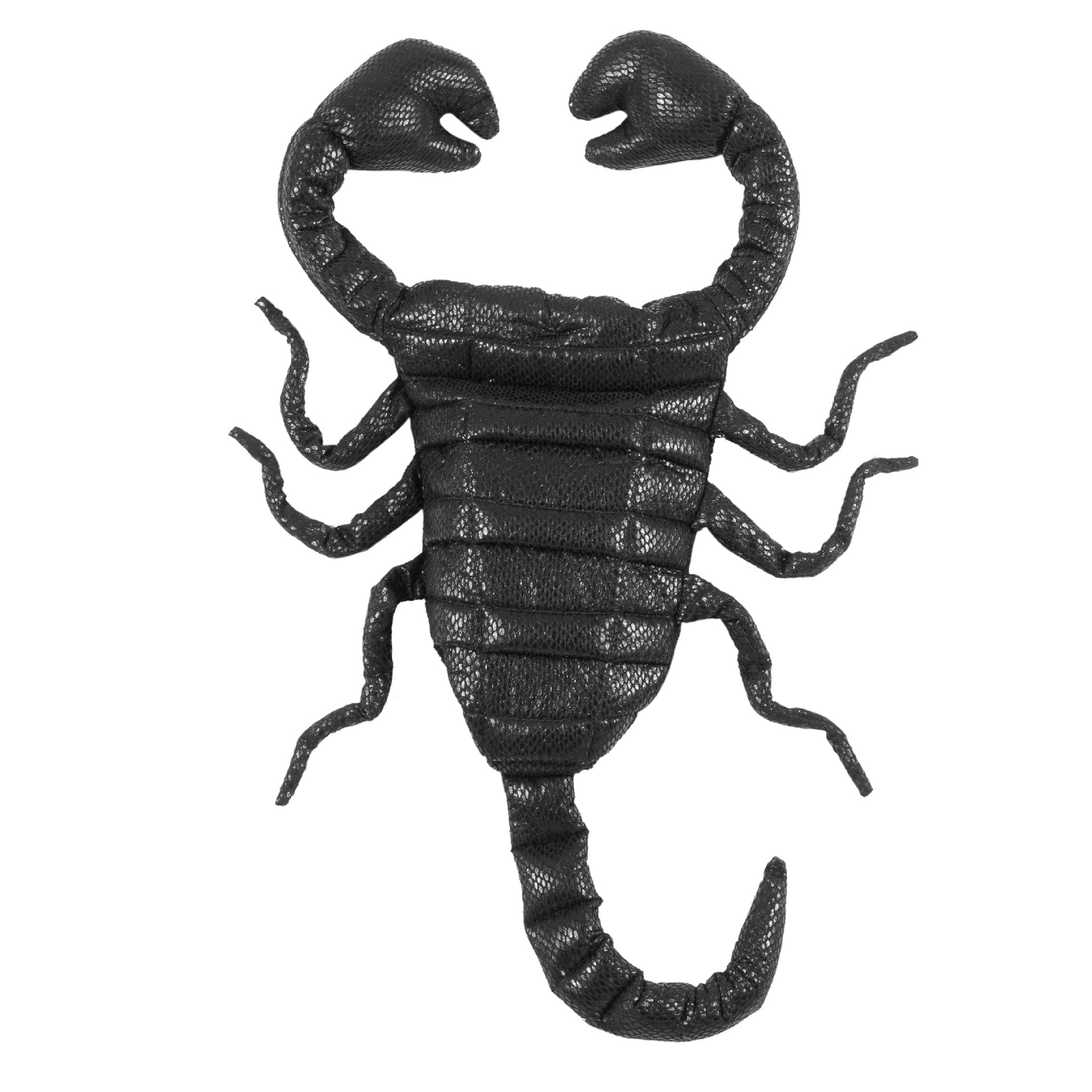 A lifelike black scorpion figure with detailed texture, showing its segmented body, curved tail, and pincers spread apart, viewed on a plain white background.