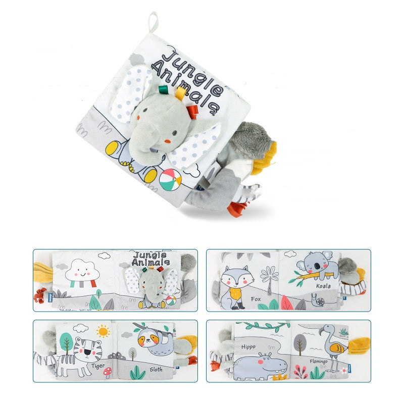 Soft fabric book titled "Jungle Animals" featuring colorful illustrations of animals such as an elephant, fox, koala, tiger, sloth, hippo, and flamingo.