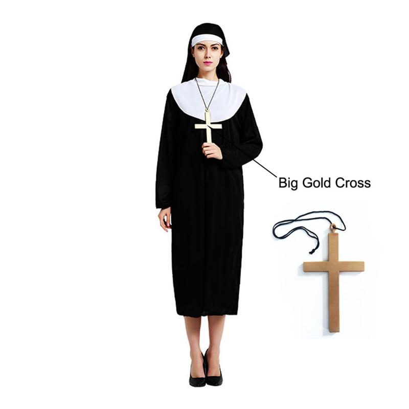 A person in a nun costume wears a black dress with a white collar and headband, holding a large gold cross. The cross is also shown separately on the right.