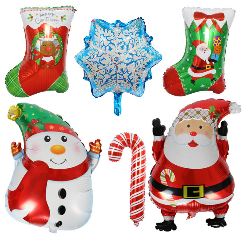 Festive balloons featuring Santa, a snowman, a snowflake, candy canes, and Christmas stockings with holiday designs. Bright and colorful, perfect for celebrating Christmas.
