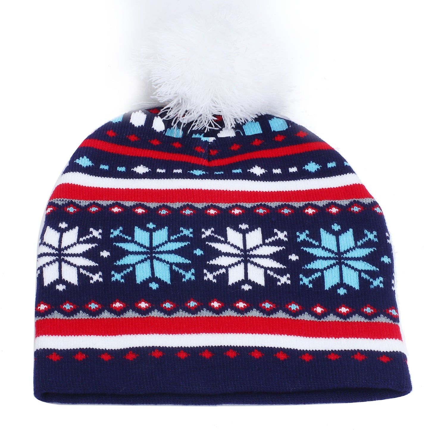Knit winter hat with red, white, and blue stripes, decorated with snowflake patterns and topped with a fluffy white pom-pom.