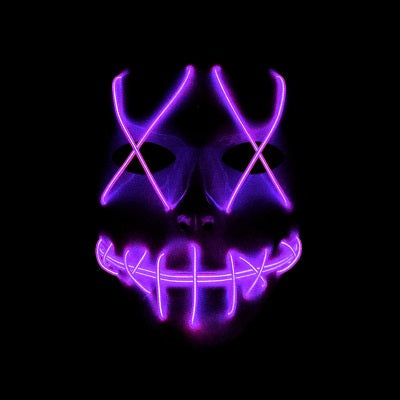 A black background features a glowing mask with purple LED lights forming X's over the eyes and a stitched, toothy grin. The eerie design stands out against the darkness.