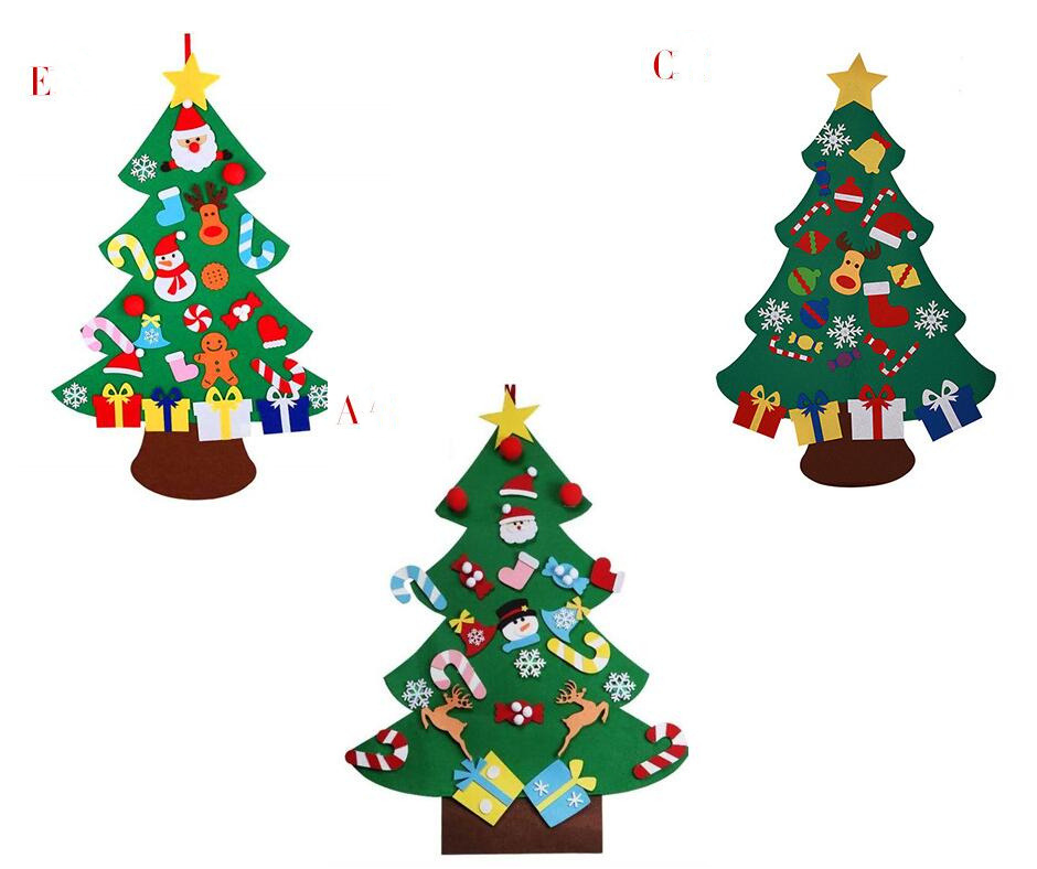 Three felt Christmas trees with colorful decorations such as Santa, candy canes, snowflakes, and gifts. Each tree has a yellow star on top and presents at the base.