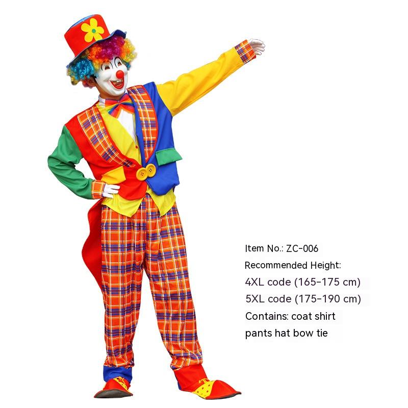 Colorful clown costume includes a bright hat, curly wig, multicolored plaid suit, and oversized bow tie. Suit fits heights from 165 to 190 cm. Item No: ZC-006.