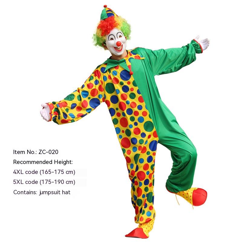 Clown in vibrant polka dot jumpsuit, with bright orange-green wig and matching hat, poses with arms wide and one leg raised. Text details size and height recommendations.