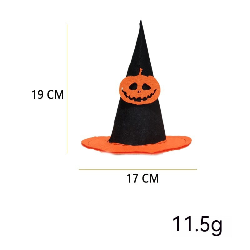Black witch hat with orange brim and pumpkin face, measuring 19 cm tall and 17 cm wide, weighing 11.5 grams.