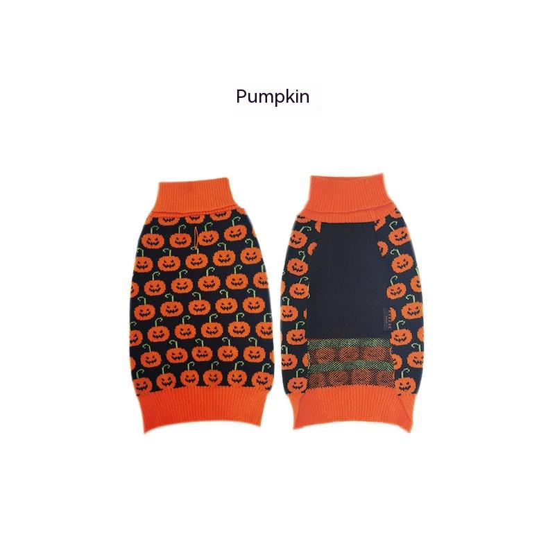 Two dog sweaters with orange pumpkin patterns on a black background. The left shows a full pattern, while the right has a plain section with two pumpkin rows.