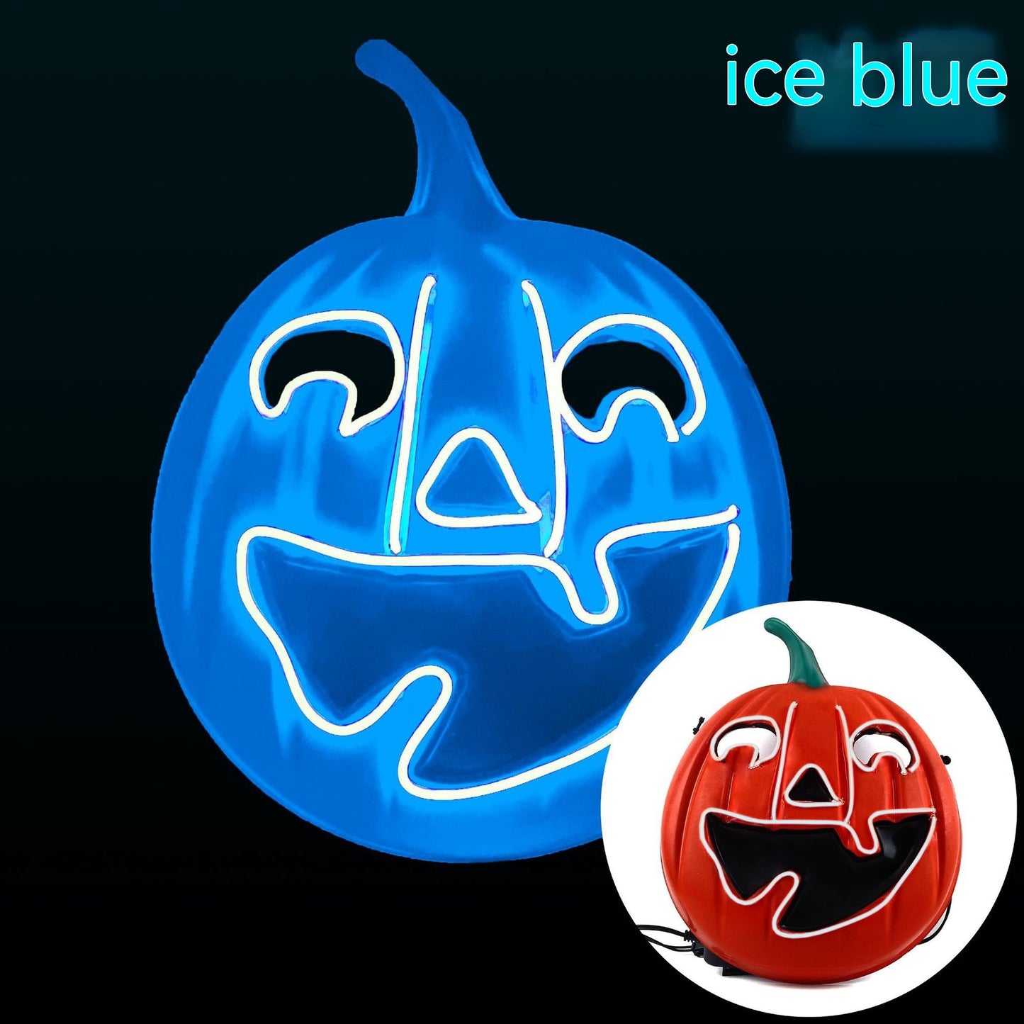 Glowing blue pumpkin with a face outline in neon light. The word "ice blue" appears in the corner. Inset shows the same pumpkin in red.