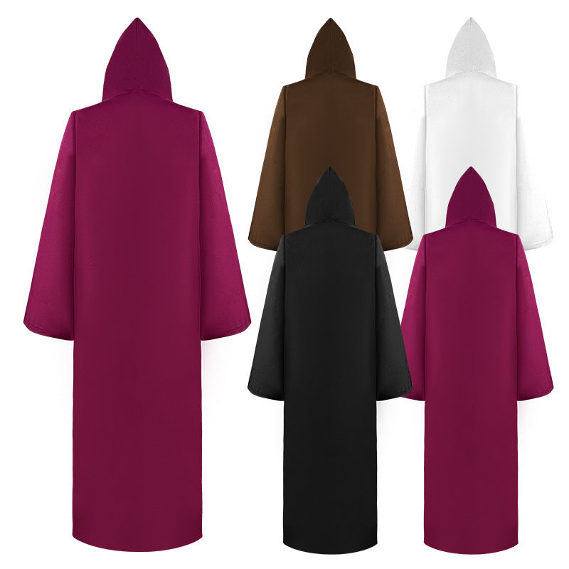 Five hooded cloaks displayed in a row, showcasing colors: maroon, brown, white, black, and maroon again. They feature long sleeves and a pointed hood, viewed from the back.