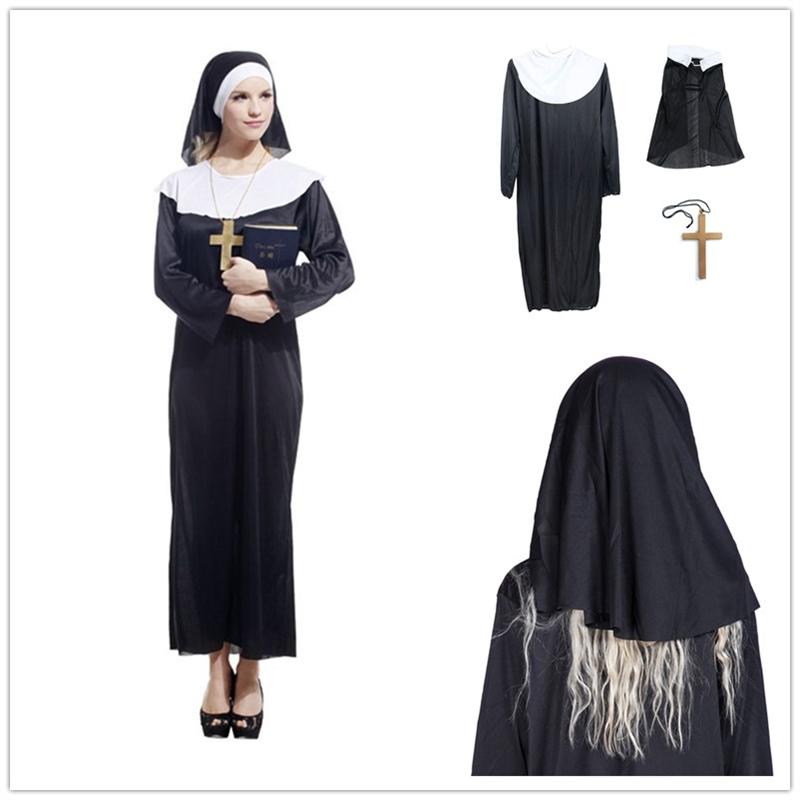 Woman in a nun costume holding a book, featuring a black robe with a white collar and a large cross necklace. Additional images show front and back views of the costume and accessories.