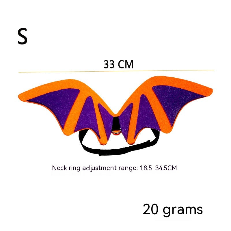 Small orange and purple bat wings harness for pets, 33 cm wide, weighing 20 grams. Neck ring adjustable from 18.5 to 34.5 cm.