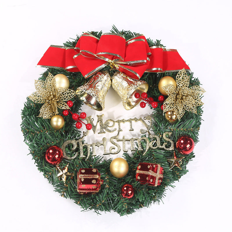 Festive Christmas wreath adorned with golden bells, red and gold ornaments, glittery poinsettias, a large red bow, and a "Merry Christmas" sign in the center.