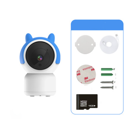 A white security camera with blue ears and a black lens is shown next to included accessories: wall mount, USB cable, adhesive stickers, screws, and a 16GB microSD card.