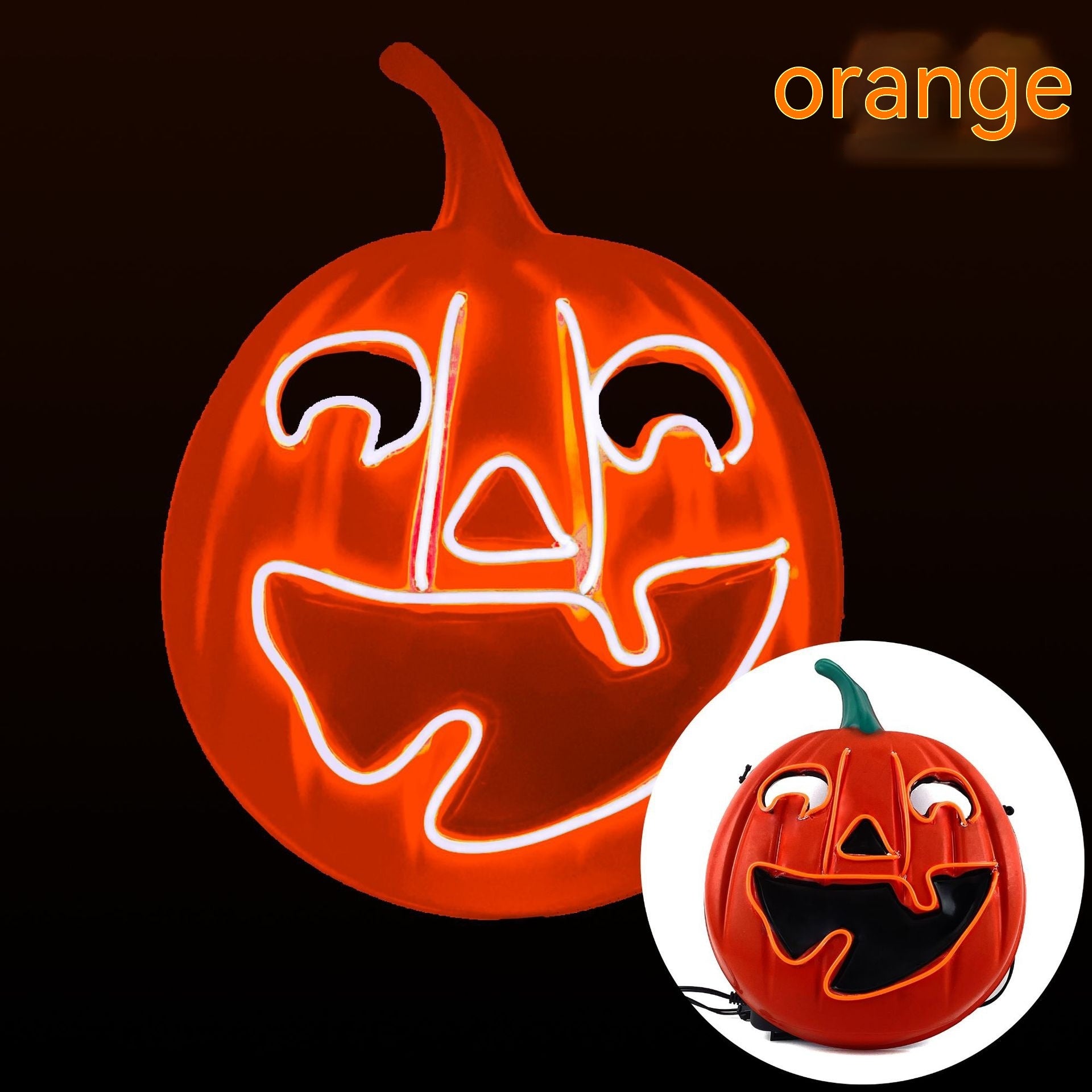 Glowing neon jack-o'-lantern face on a dark background, with the word "orange" in the top right. Inset shows a pumpkin face mask with cord attached, set against a white circle.