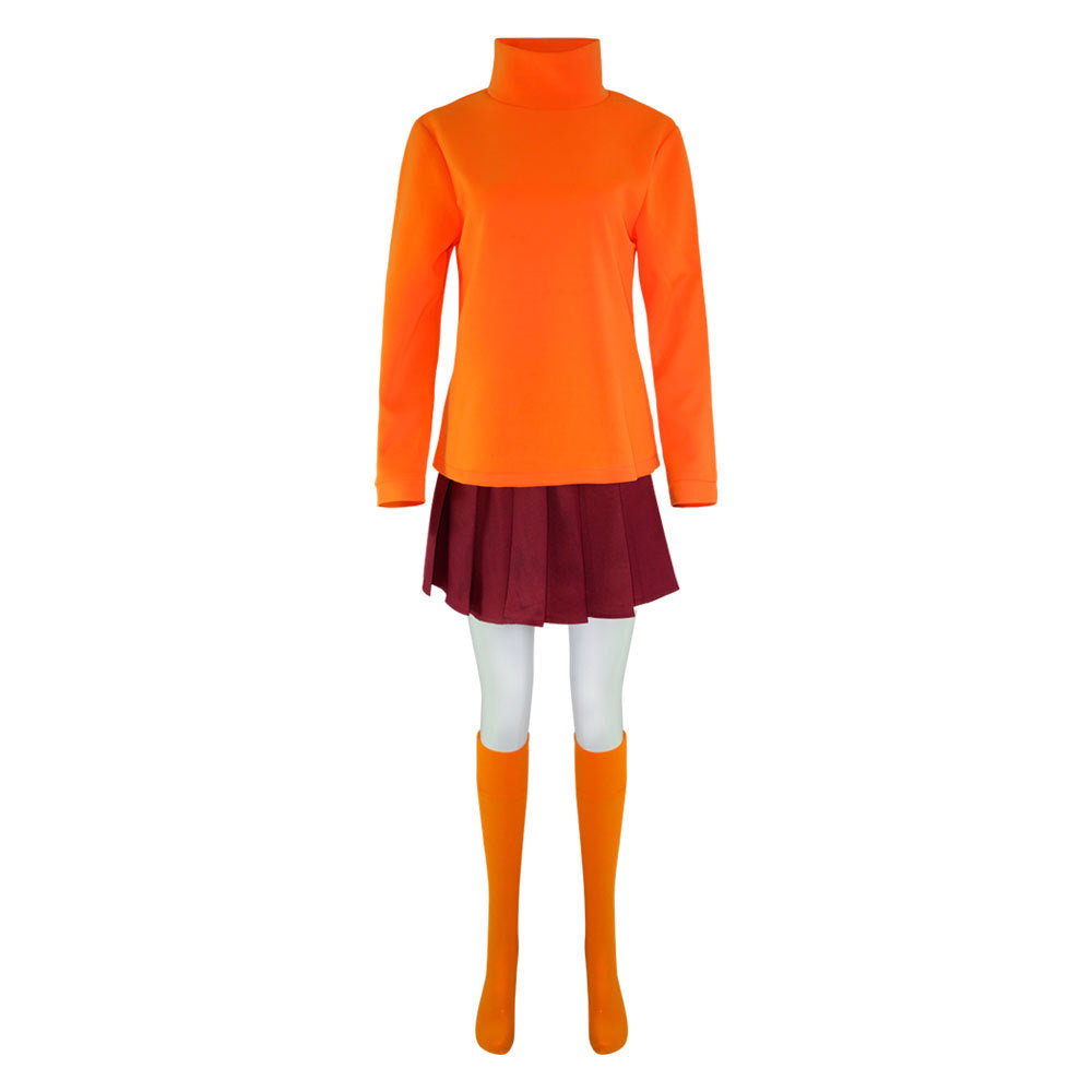 Mannequin wearing an orange turtleneck, maroon pleated skirt, and matching orange knee-high socks against a white background.