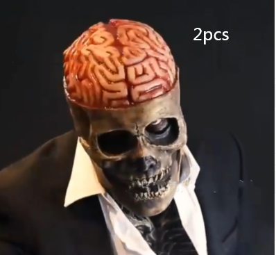 A person in a suit wearing a skull mask with an exposed brain design, set against a black background. Text reads "2pcs" in the corner.