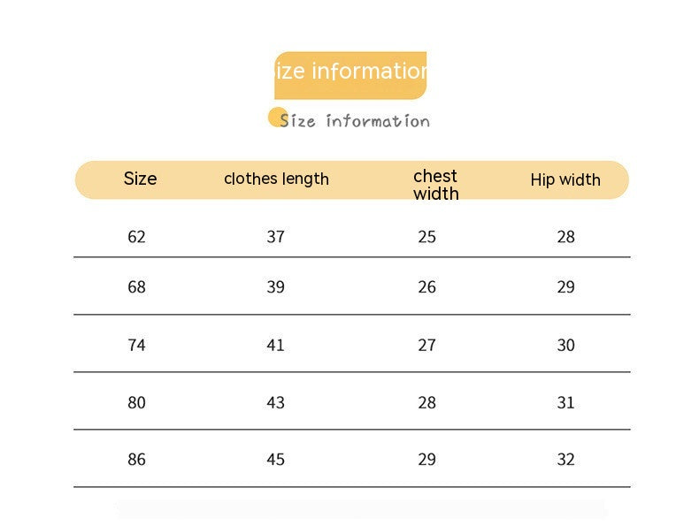 Size chart showing clothing measurements: Sizes 62 to 86 with clothes length, chest width, and hip width. Lengths: 37-45, chest: 25-29, hips: 28-32.