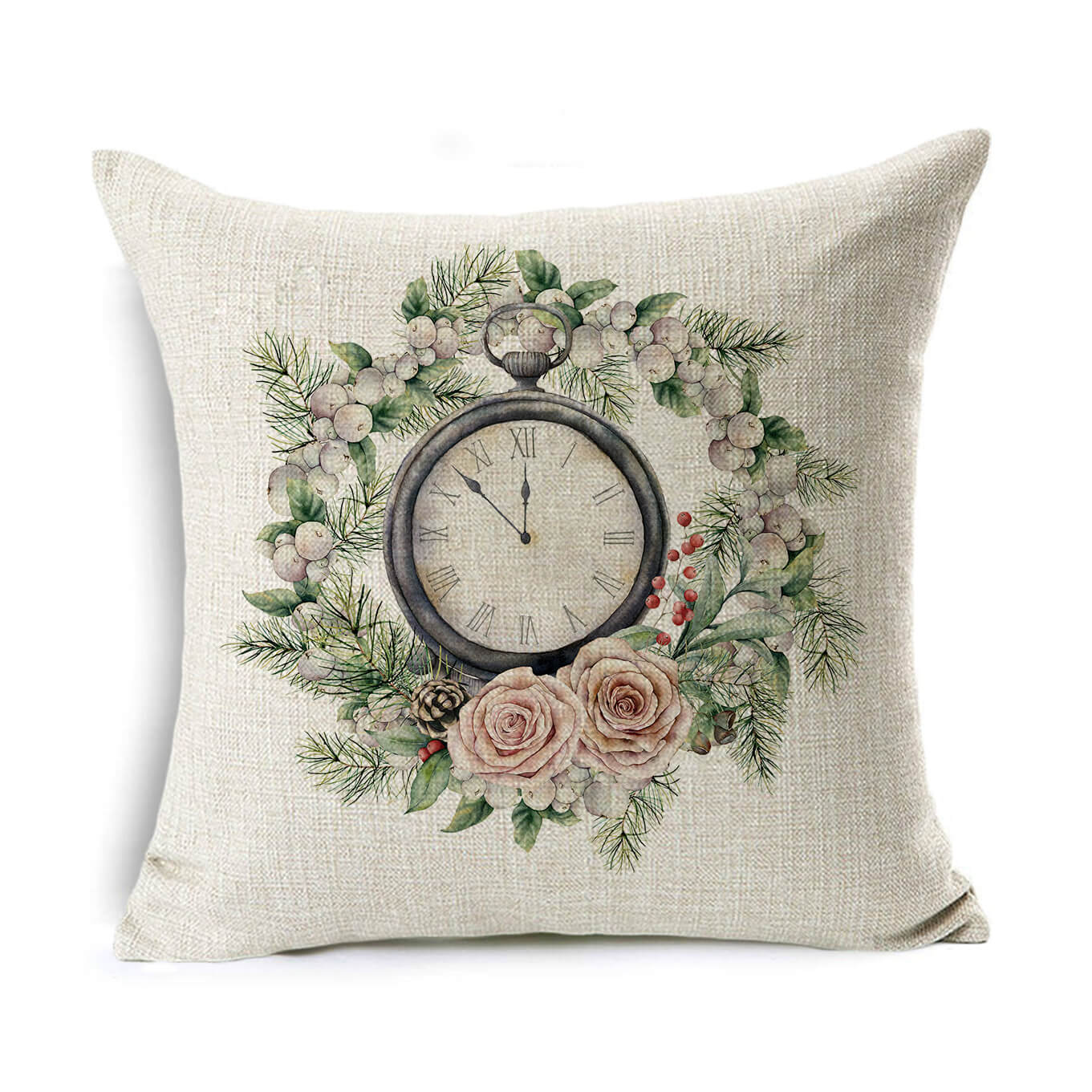 Beige pillow with a vintage clock design showing 10:10, surrounded by a floral wreath with roses, pine cones, and berries, evoking a classic, rustic charm.