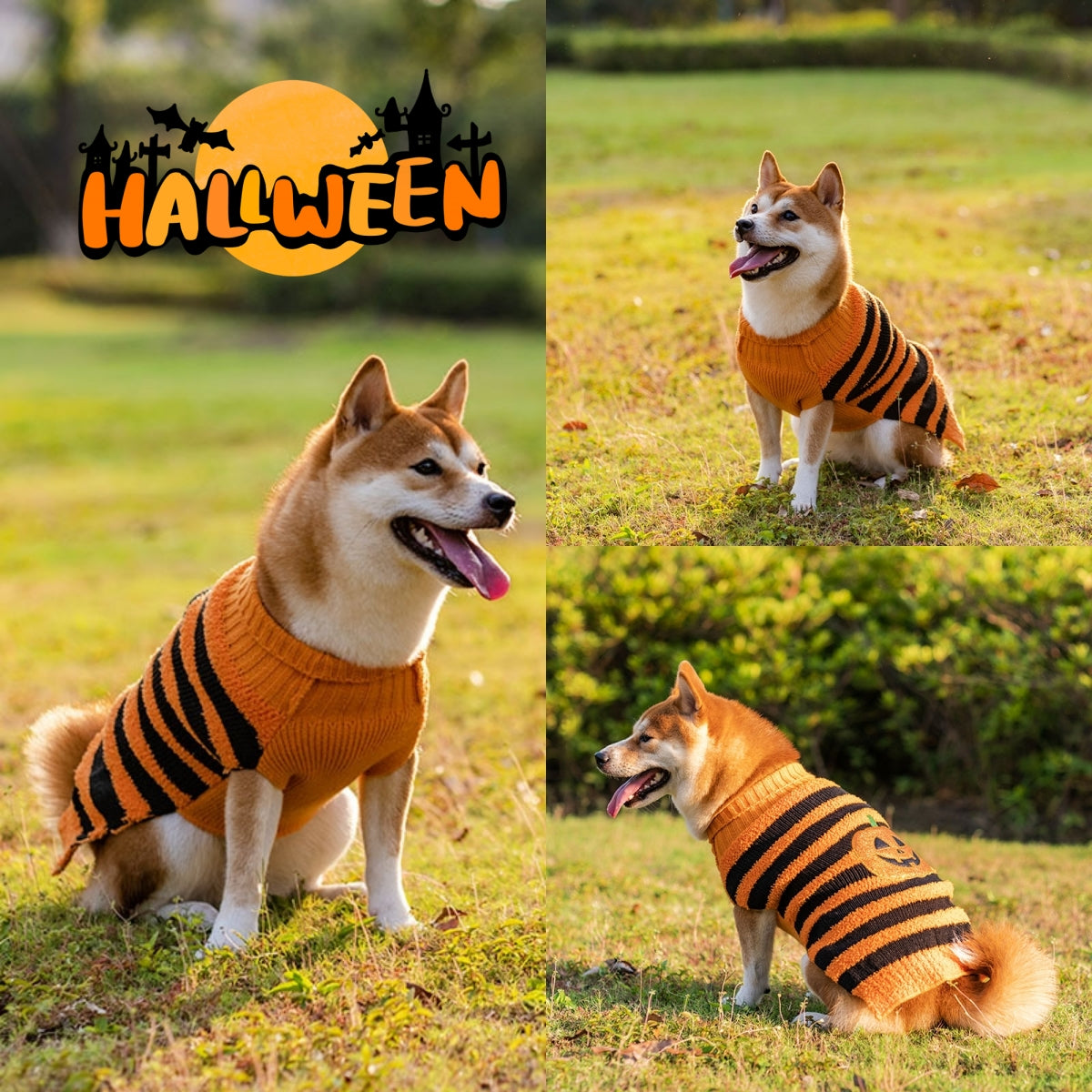 Shiba Inu in a festive orange and black striped sweater sits on grass. A "Halloween" graphic with bats and a castle is in the top left corner.