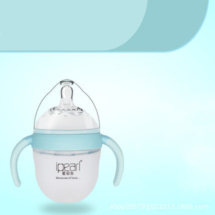 Baby bottle with silicone nipple, dual handles, and a blue band. The bottle features the brand name "ipearl" and the phrase "Because of Love." Light blue background.