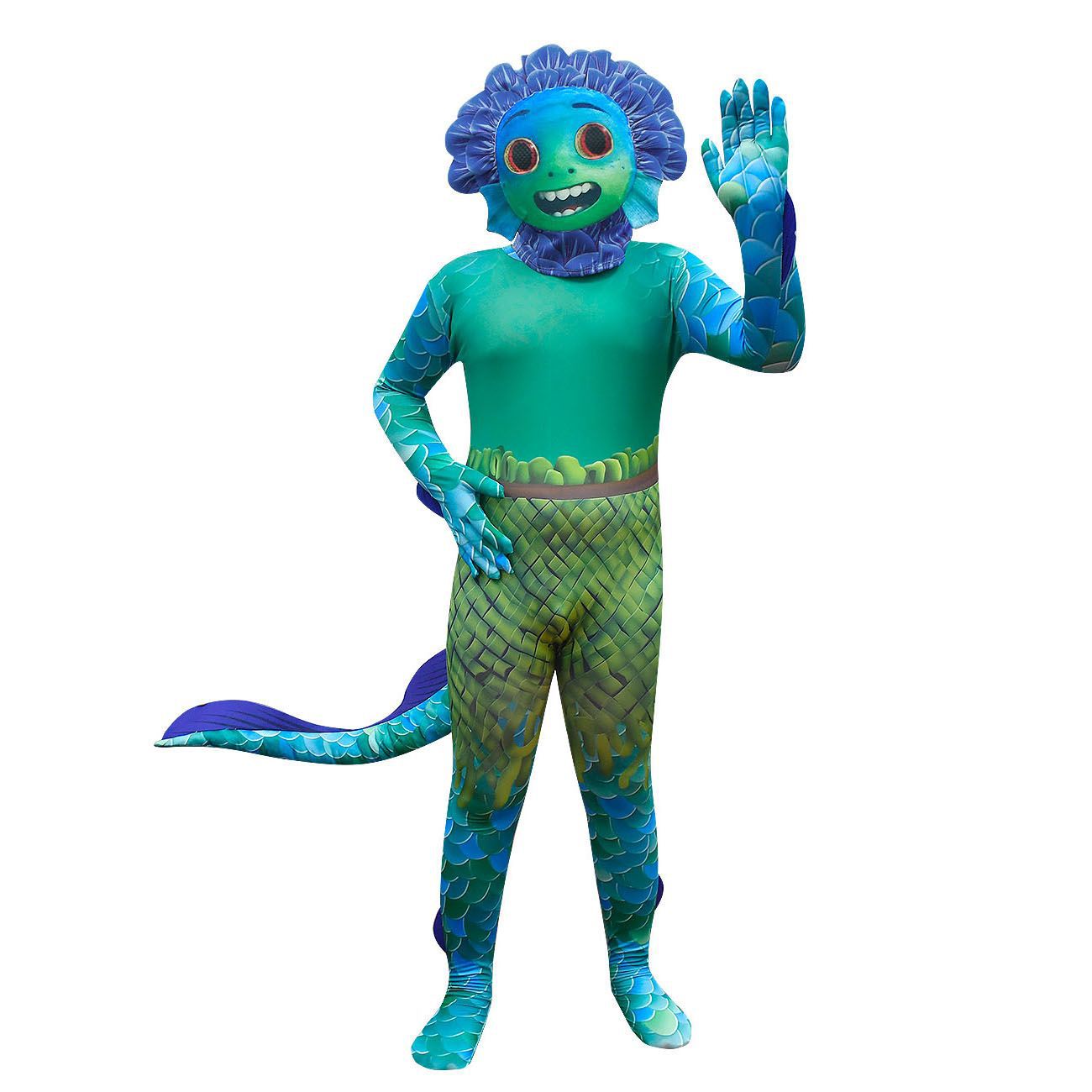 A person in a colorful fish-themed costume with scales, fins, and a tail waves. The costume is blue and green with a smiling, cartoonish face and vibrant colors.