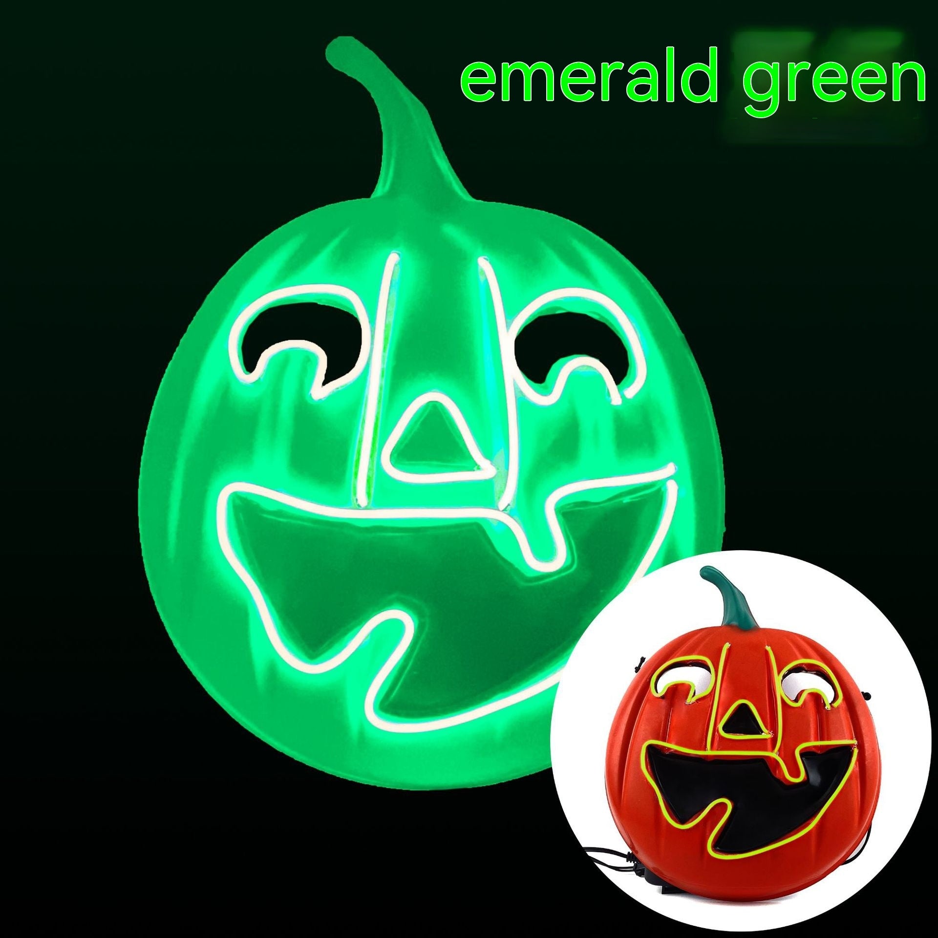 Glowing green jack-o'-lantern face with neon outlines and a smiling expression. Inset shows the same pumpkin lit orange. Text reads "emerald green" at the top.