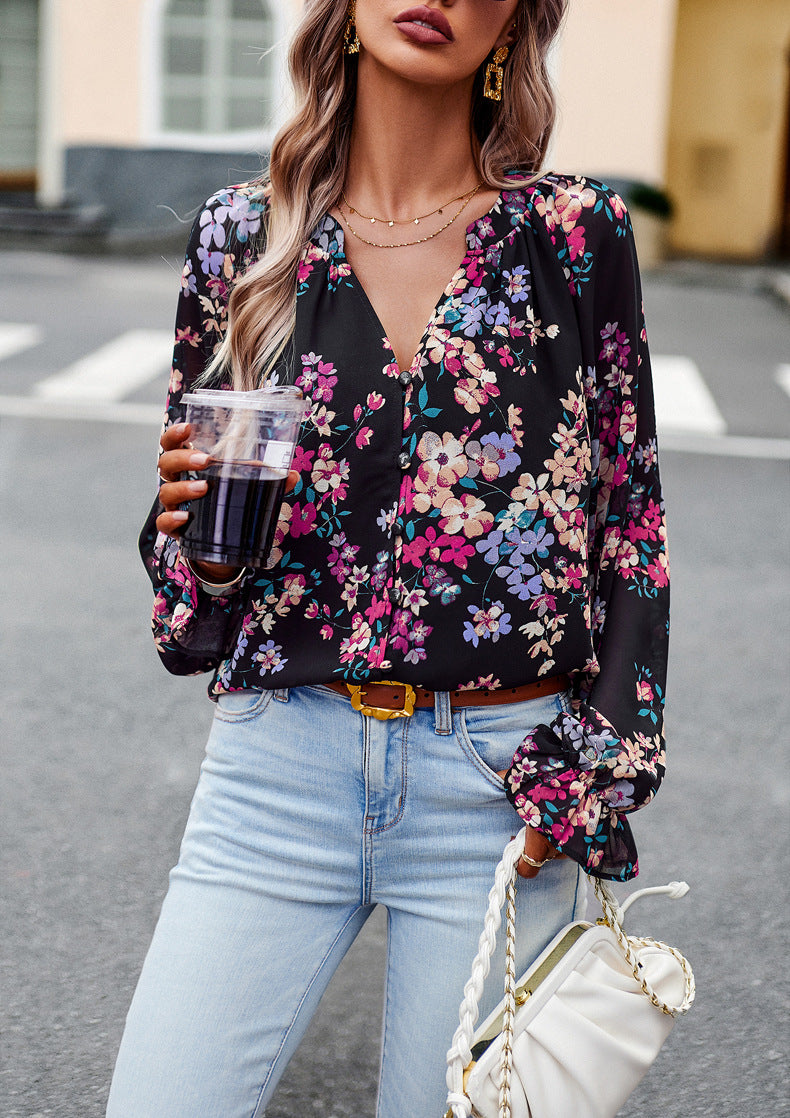 Floral V-Neck Chiffon Blouse
