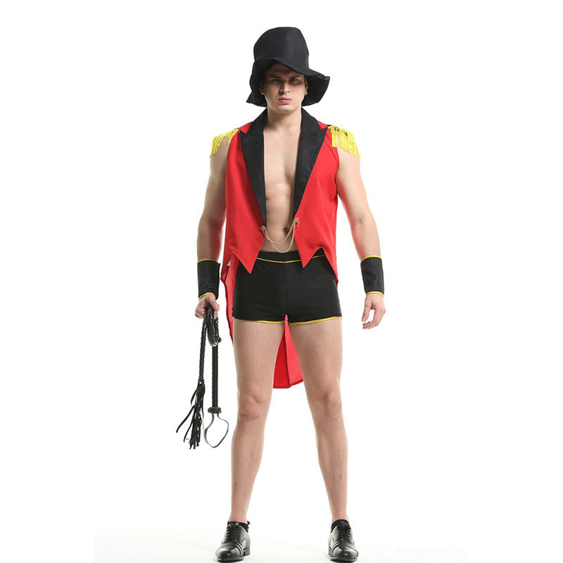Man in a circus-inspired costume with a red and black vest, black shorts, yellow accents, gloves, and hat, holding a black whip. White background.