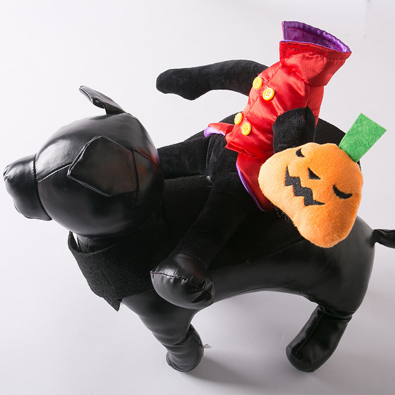 A small black plush dog is dressed in a Halloween costume, featuring an orange pumpkin with a green stem and a black cape. The background is plain white.