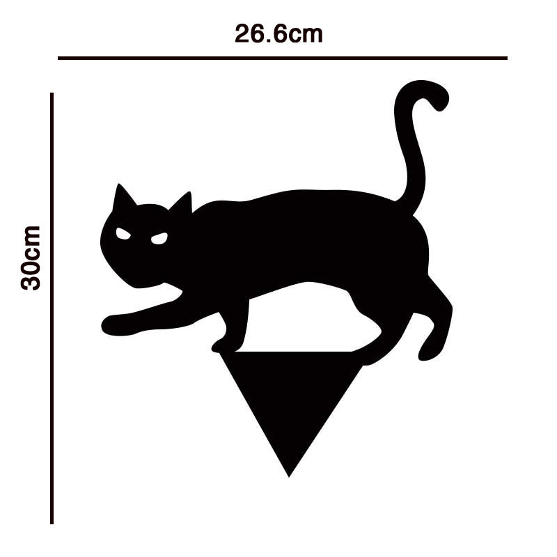 Silhouette of a walking cat with an arched tail, placed atop an inverted triangle. Dimensions are 26.6cm wide by 30cm tall, shown on white background with measurement lines.