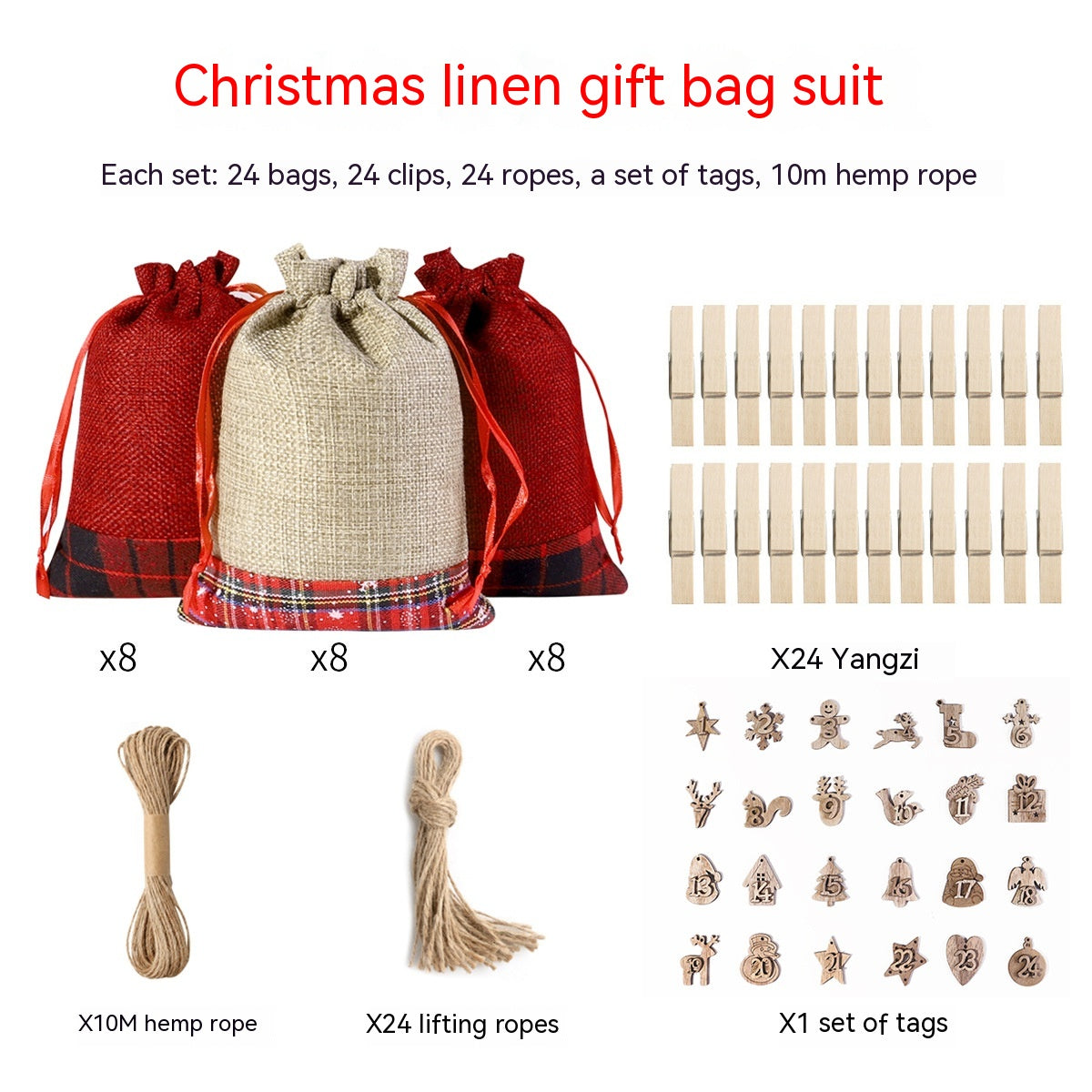 Christmas linen gift bag set includes 24 bags in red and beige, 24 wooden clips, 24 lifting ropes, 10m hemp rope, and 24 wooden tags for festive decoration.