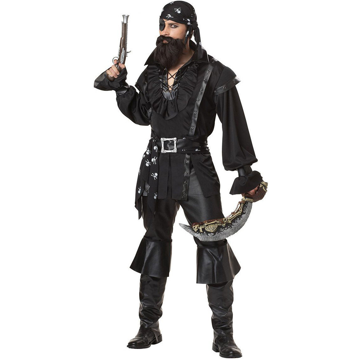 Person in a pirate costume with a black eye patch, headscarf, and long coat. Holding a pistol and a curved sword, wearing boots and a belt with skull details.