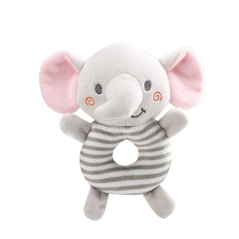 Soft plush elephant toy with a striped gray and white donut-shaped belly, pink ears, and embroidered smiling face with orange swirl cheeks.