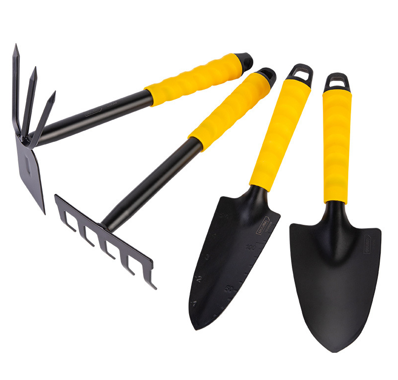 Set of four gardening tools with black metal heads and yellow rubber grips, including a rake, cultivator, trowel, and shovel, arranged against a white background.